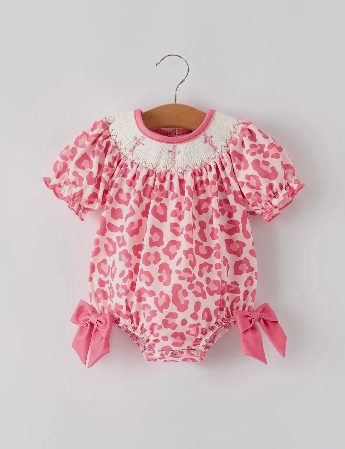Pink Leopard Smocked Cross Romper