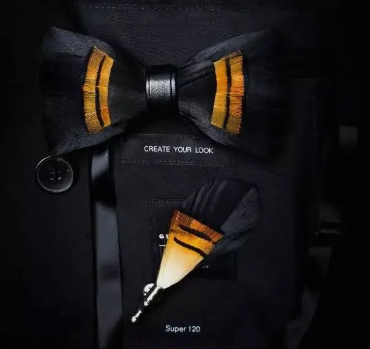 Midnight Gold Feather Bow Tie Set