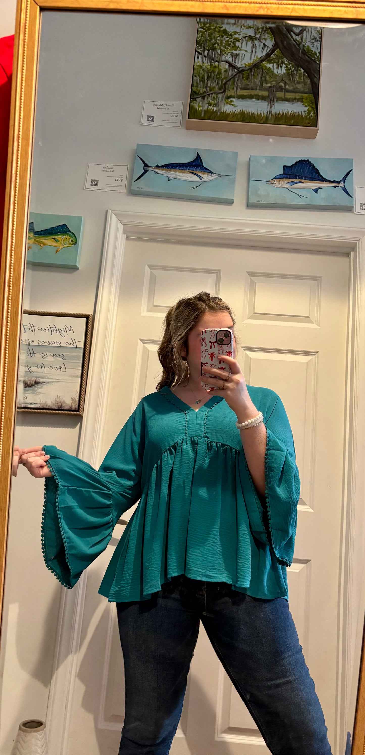 Coastal Teal Bell Sleeve Top