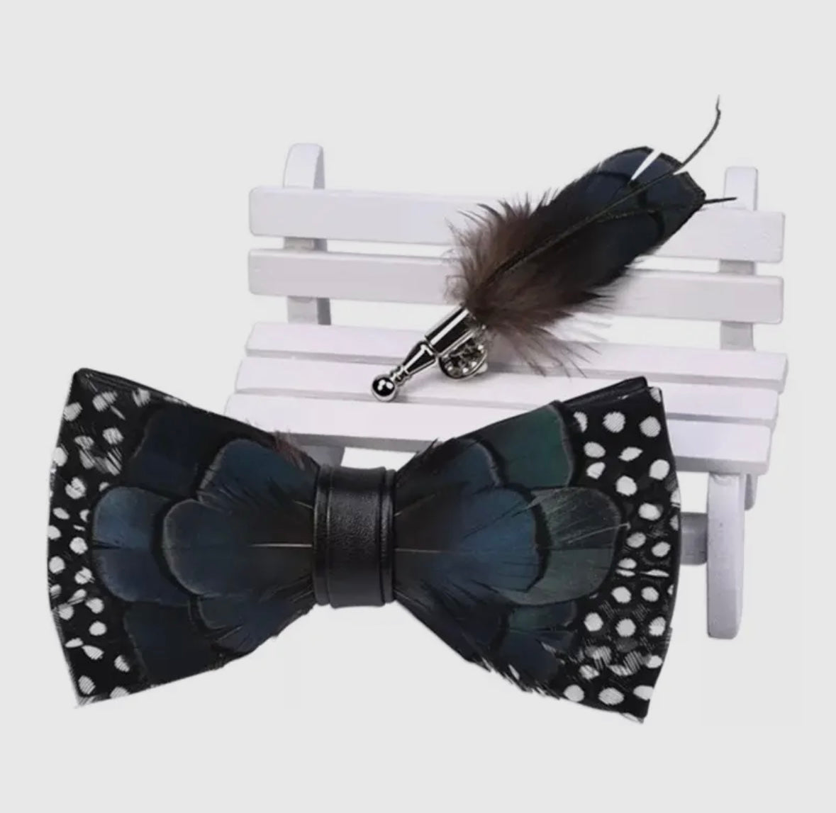 Harbor Slate Feather Bow Tie & Lapel Pin Set