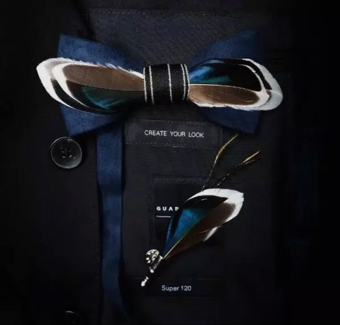 Ocean Noir Feather Bow Tie & Lapel Pin Set