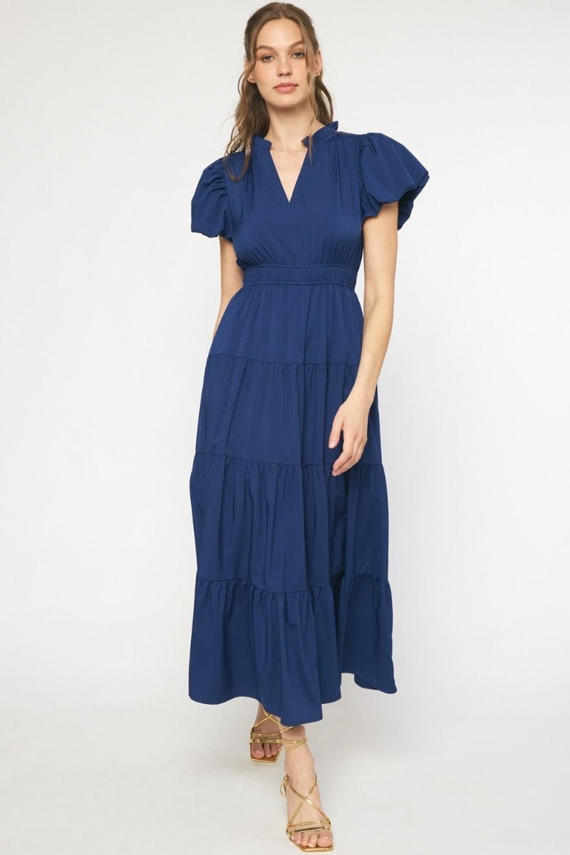 V-neck Bubble Sleeved Midi Dress- Navy