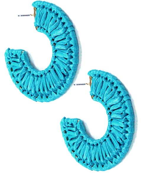 C Shape Wrapped Raffia Earrings (Turquoise)