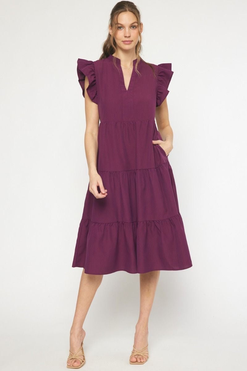 V-neck Short Sleeve Tiered Midi Dress (Eggplant)
