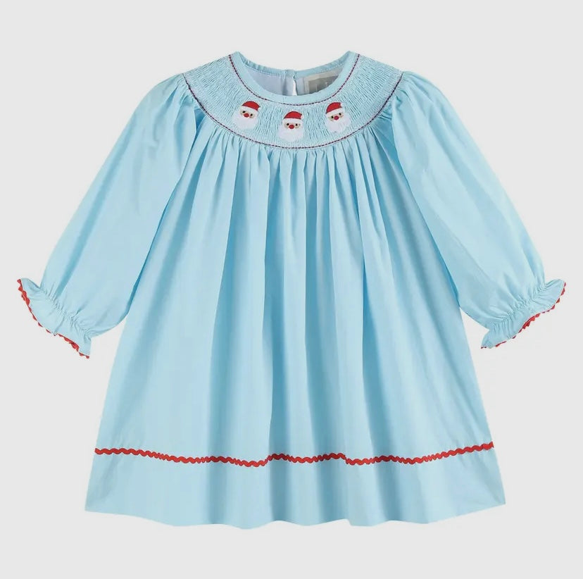 Blue Santa Smocked Bishop Dress