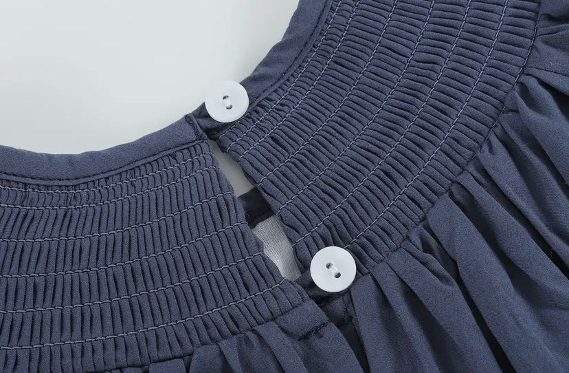 Navy Blue Nativity Long Sleeve Smocked Bishop Dress