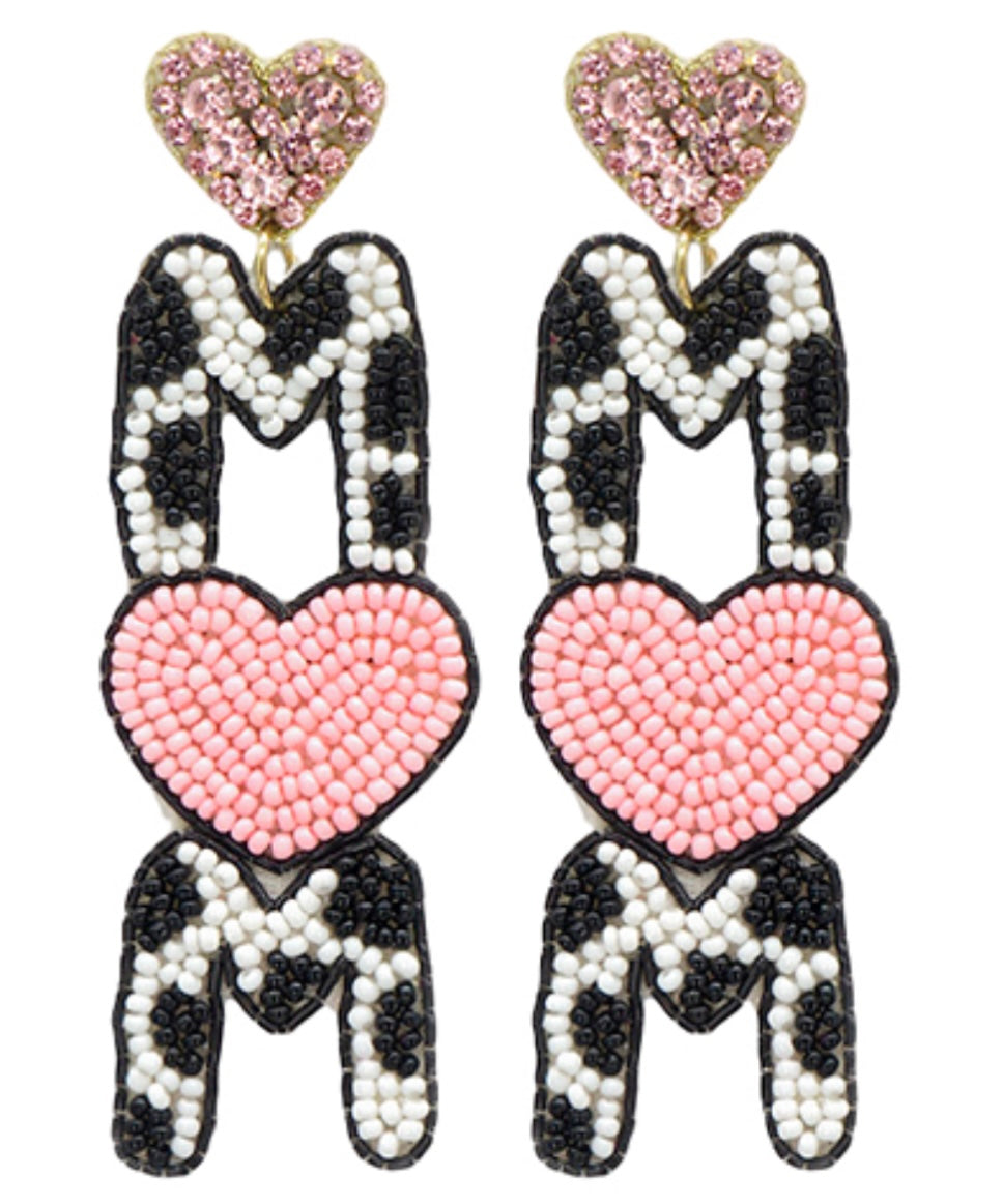 Beaded Heart MOM Letter Earrings