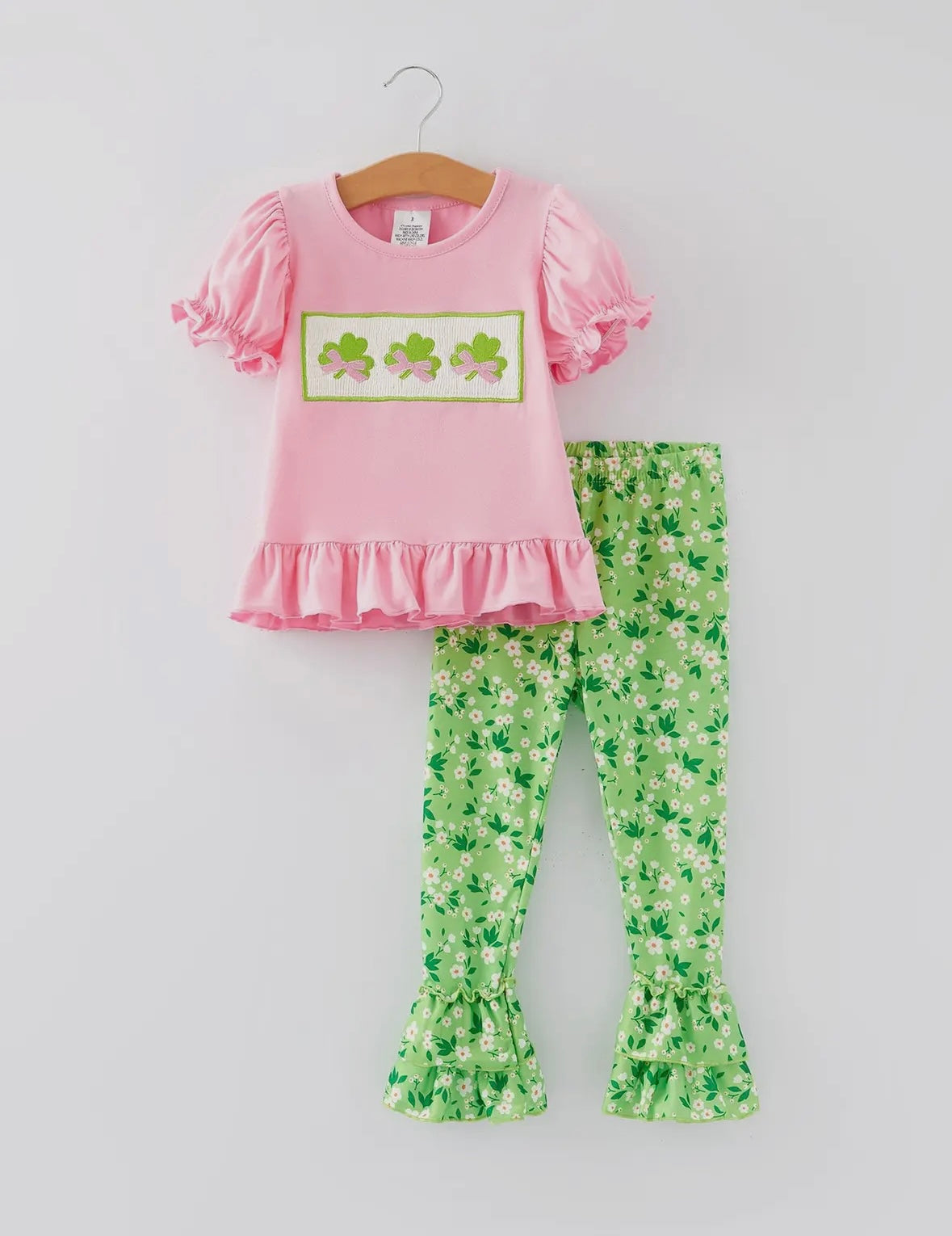 St. Patrick's Day Smocking Embroidered Pink Top + Pants Outfit Set