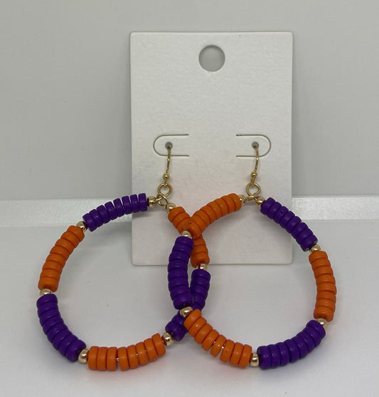 College Color Bead Circle Earrings- Orange and Purple