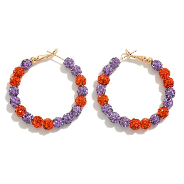 Rhinestone Beaded Game Day Hoop Earrings- Orange and Purple