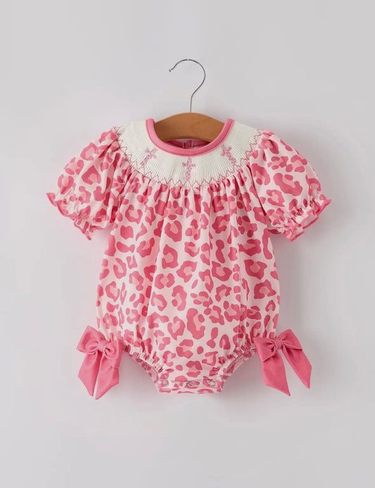 Pink Leopard Smocked Cross Romper
