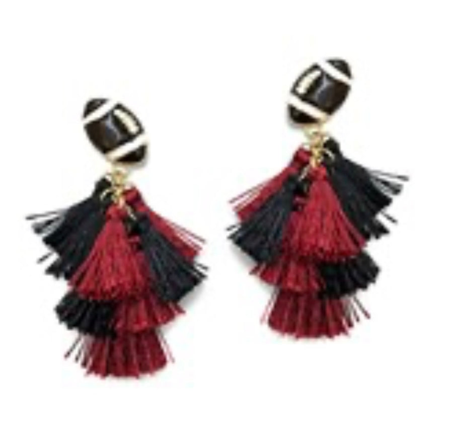 Garnet and Black Tassel Football Earrings