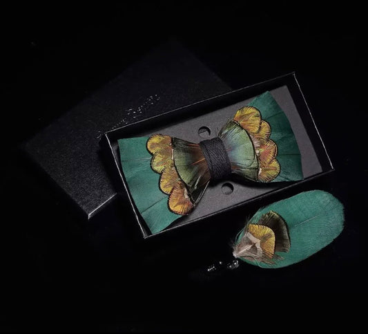 Verdant Crest Feather Bow Tie & Lapel Pin Set