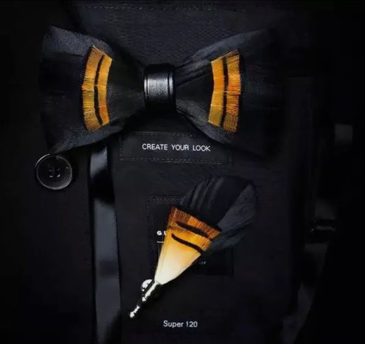 Midnight Gold Feather Bow Tie Set