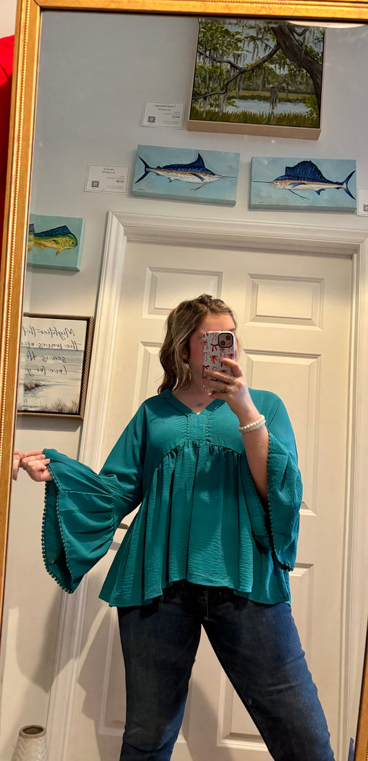 Coastal Teal Bell Sleeve Top