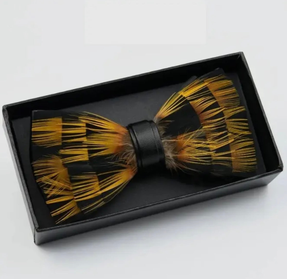 Gilded Check Feather Bow Tie & Lapel Pin Set