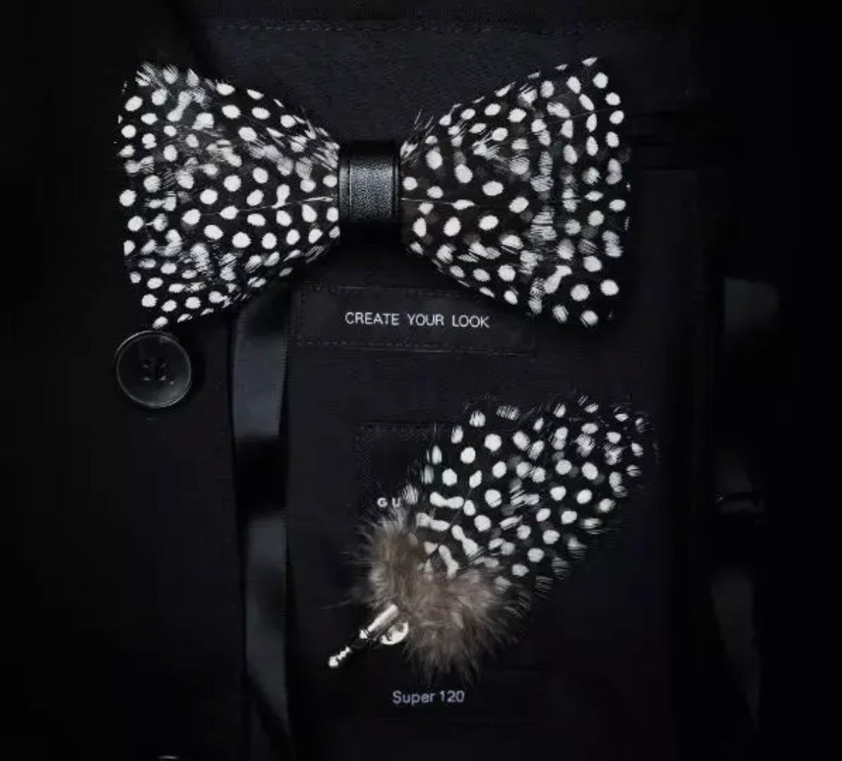 Midnight Dot Feather Bow Tie & Lapel Pin Set