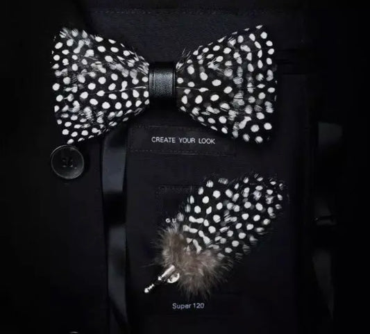 Midnight Dot Feather Bow Tie & Lapel Pin Set