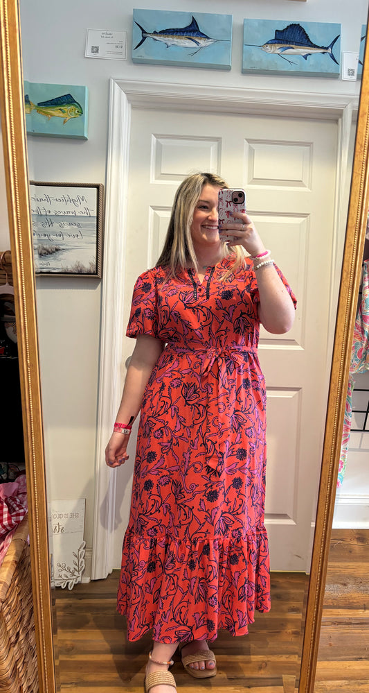 Coral Bloom Midi Dress