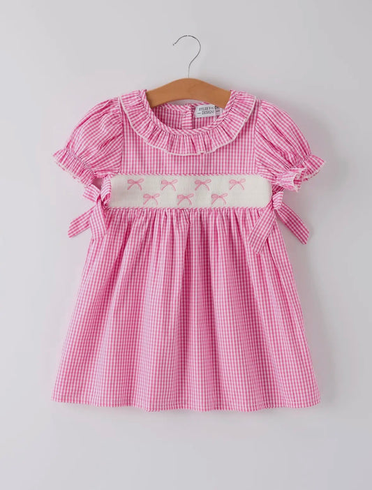 Pink Bow Gingham Smocked Dress
