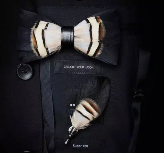 Ivory Line Feather Bow Tie & Lapel Pin Set