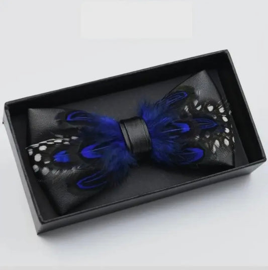 Midnight Blue Feather Bow Tie & Lapel Pin Set