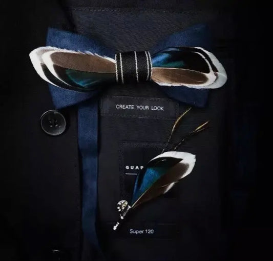 Ocean Noir Feather Bow Tie & Lapel Pin Set
