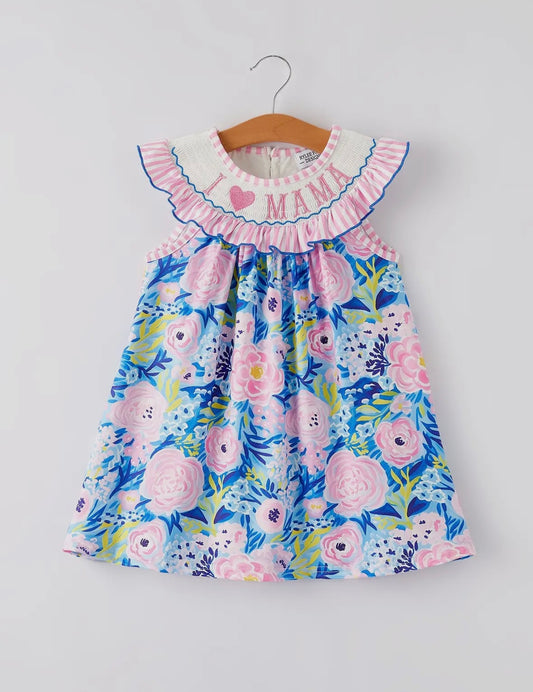 I Love Mama Floral Smocked Dress