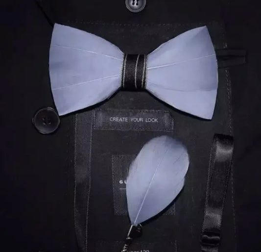 Silver Dove Feather Bow Tie & Lapel Pin Set