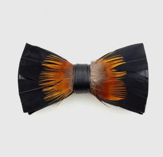 Amber Crest Feather Bow Tie & Lapel Pin Set