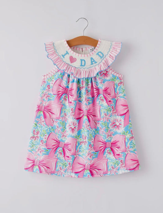 I Love Dad Bow Floral Smocked Dress