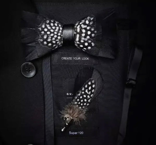 Starlight Noir Feather Bow Tie & Lapel Pin Set