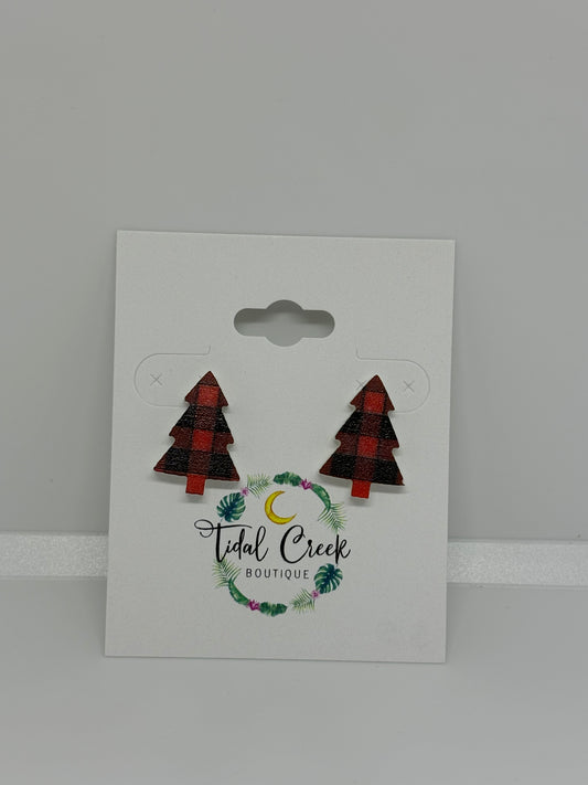 Red and Black Plaid Christmas Tree Earrings