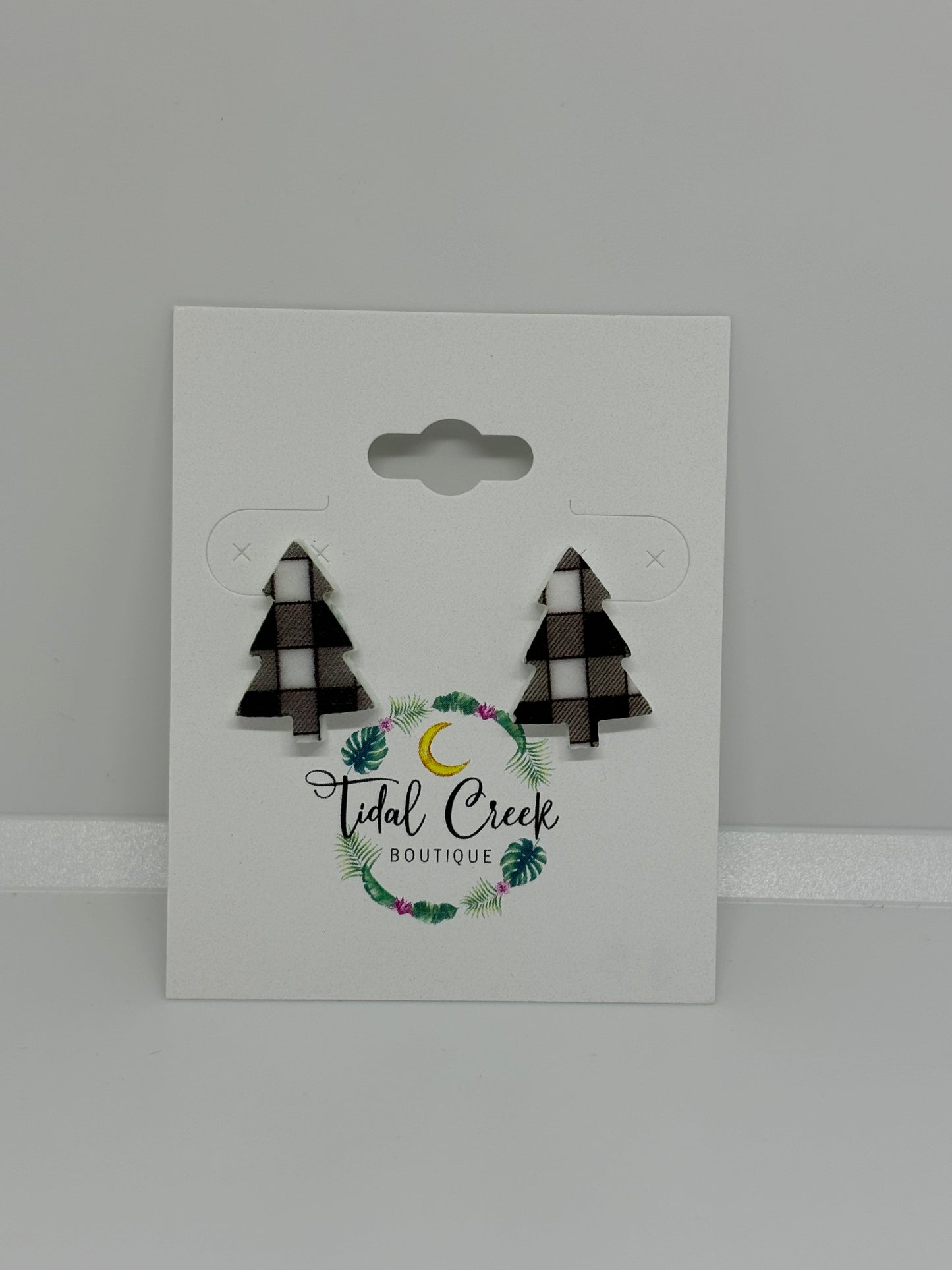 Black and White Plaid Christmas Tree Earrings