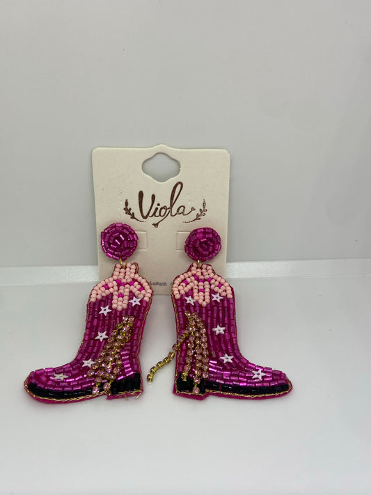 Hot Pink Seed Bead and Crystal 2.5" Cowboy boot Earrings