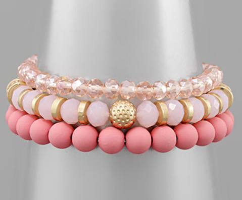 3 Row Rubber & Multi Bead Bracelet (Pink)