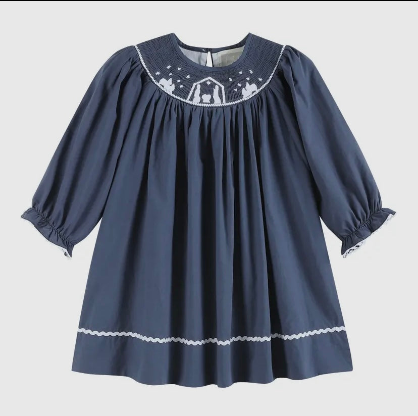 Navy Blue Nativity Long Sleeve Smocked Bishop Dress
