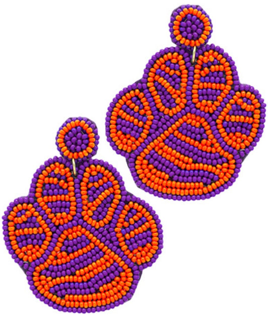 Paw Print Beaded Earrings (Orange/Purple)