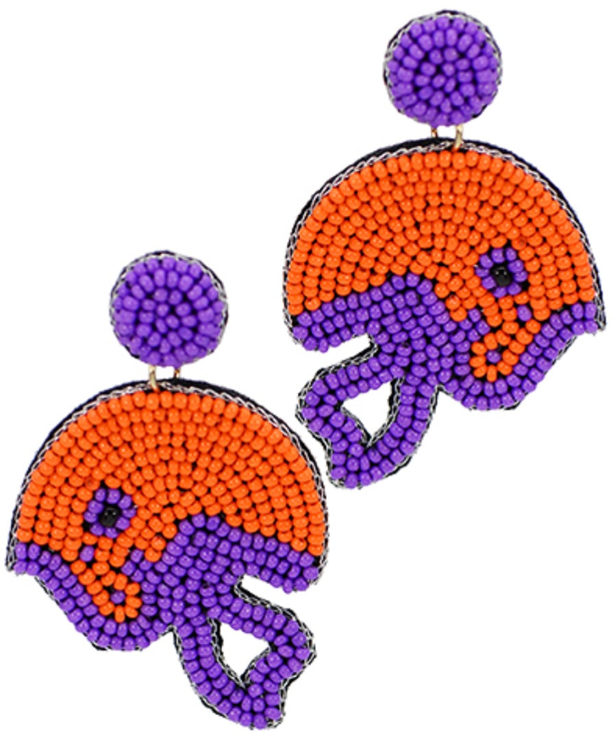 Orange and Purple Beaded Football Helmet Earrings