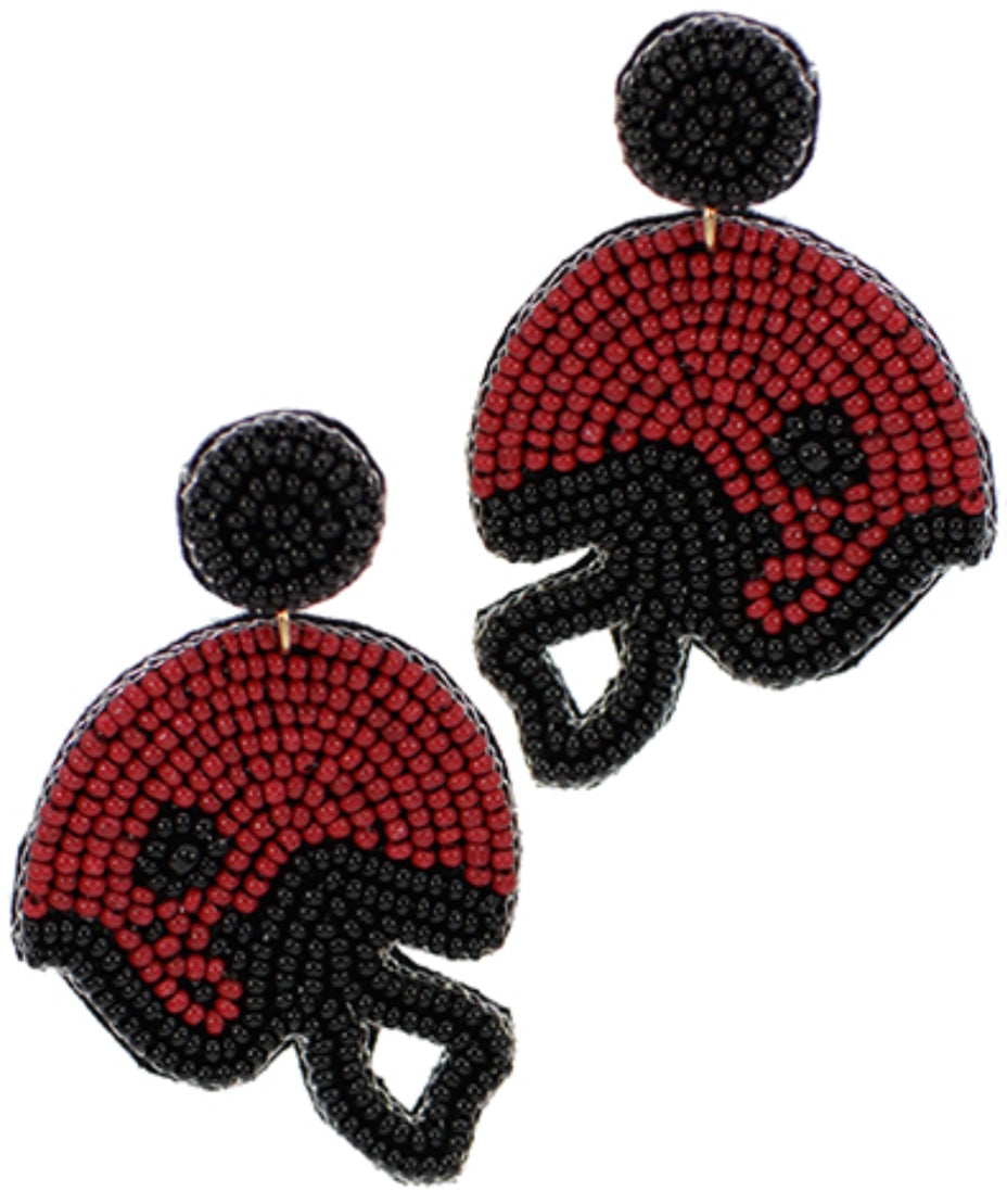 Garnet and Black Beaded Football Helmet Earrings