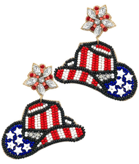 Beaded USA Cowboy Hat Earrings