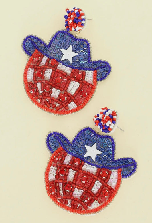 Patriotic Cowboy Hat Disco Ball Earrings