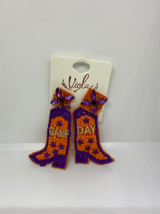 Orange and Purple Rhinestone Gameday Boot Earrings